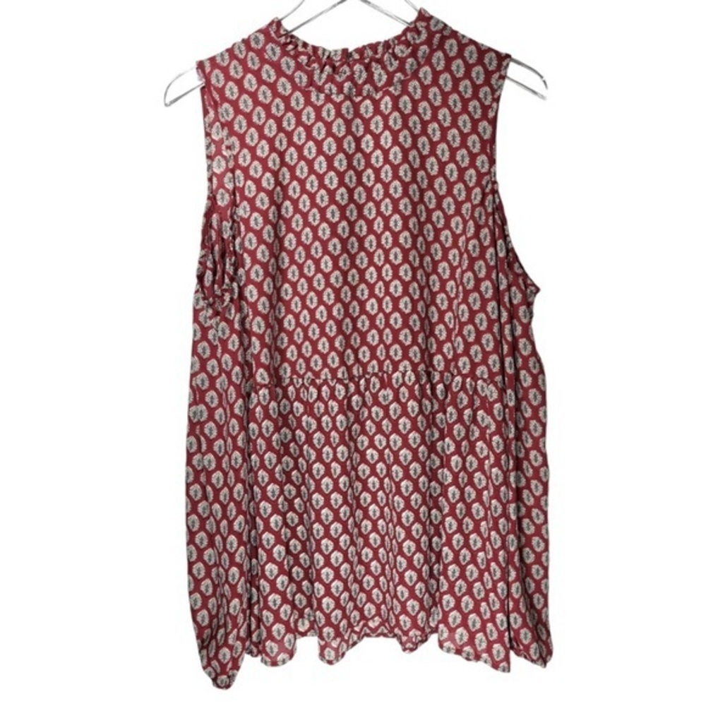 Bobeau Cold Shoulder Geometric Patterned Back Keyhole Blouse in Burgundy & Cream